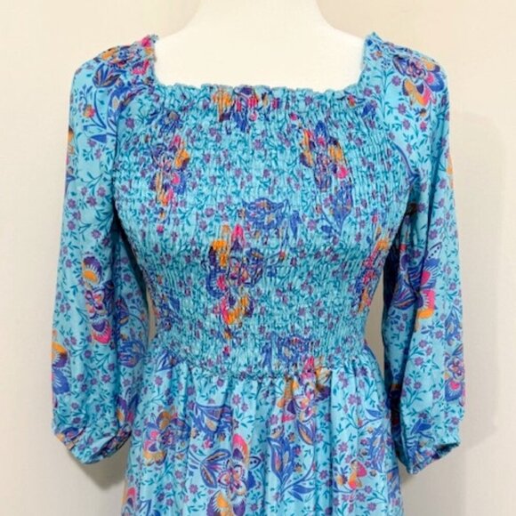 Me 2 Magic Antropologie Blue Floral Maxi Dress Puff Sleeve Smocked Boho Size M - Picture 2 of 5